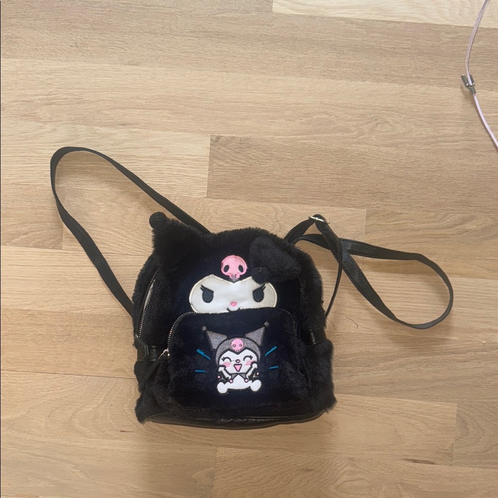 Black Kuromi Plush Mini Backpack with Pink Accent